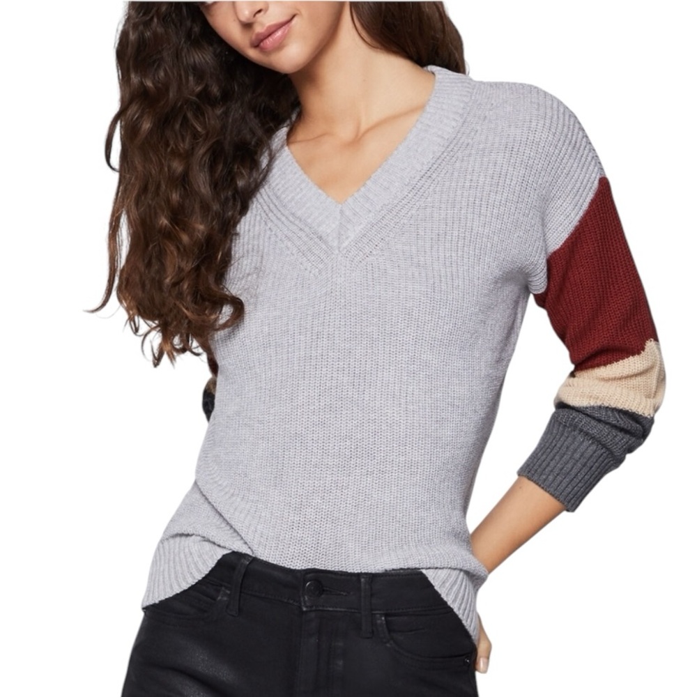 BCBGeneration V-neck Knit Sweater Colorblock Lantern Sleeves Grey Women’…